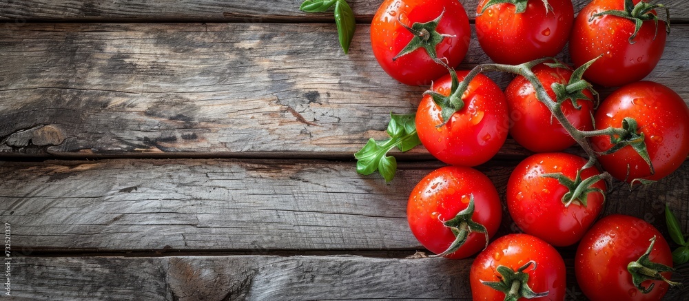 A bunch of tomatoes, a staple food and natural fruit, hanging from a vine on a wooden table, perfect ingredient for a delicious recipe. A bunch of tomatoes, a staple food and natural fruit, hanging from a vine on a wooden table, perfect ingredient for a delicious recipe.