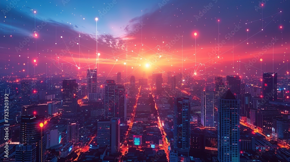 Fototapeta premium smart city points connected with gradient lines Metaverse technology connection concept, night signal with big data.