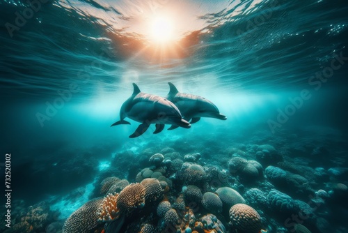 a couple of dolphins swimming in the ocean underwater 