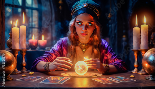 A beautiful mysterious fortune teller with piercing eyes predicts fate on a magic ball photo