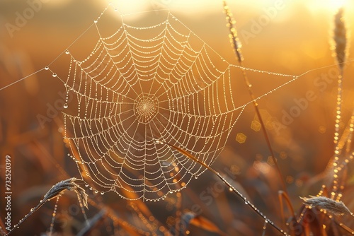 Spider web covered with dew drops