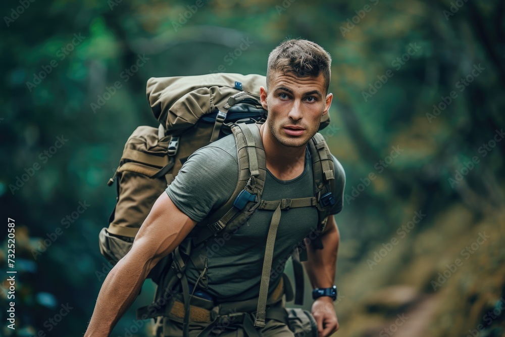 Close-up of a man with a backpack looking over shoulder in the forest.