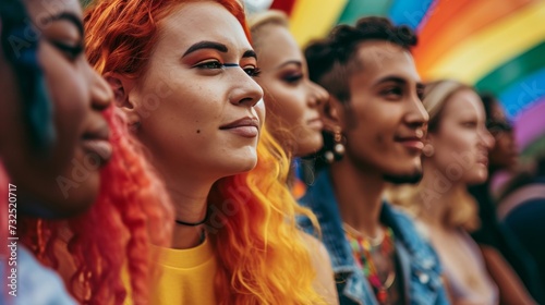 close up Group of young activist for lgbt rights with rainbow flag, lesbian, rainbow, freedom, diversity, bisexual, gay, celebration, community