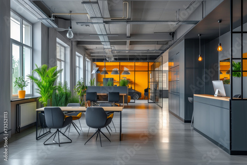 Modern Office Interior with Plants and Natural Light Bright and spacious modern office interior design  enhanced with indoor plants and natural lighting  offering a comfortable and productive work env