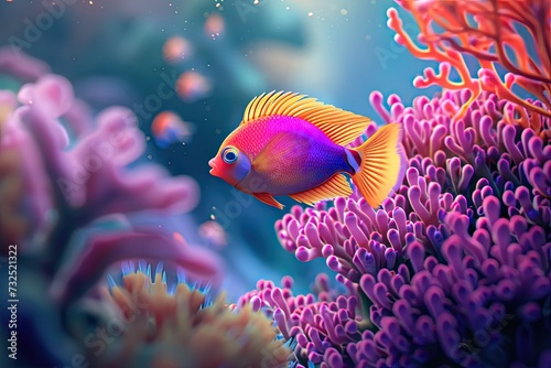 Underwater Oasis: Colorful tropical fish gracefully glide through an enchanting aquarium adorned with vibrant coral reefs. photo