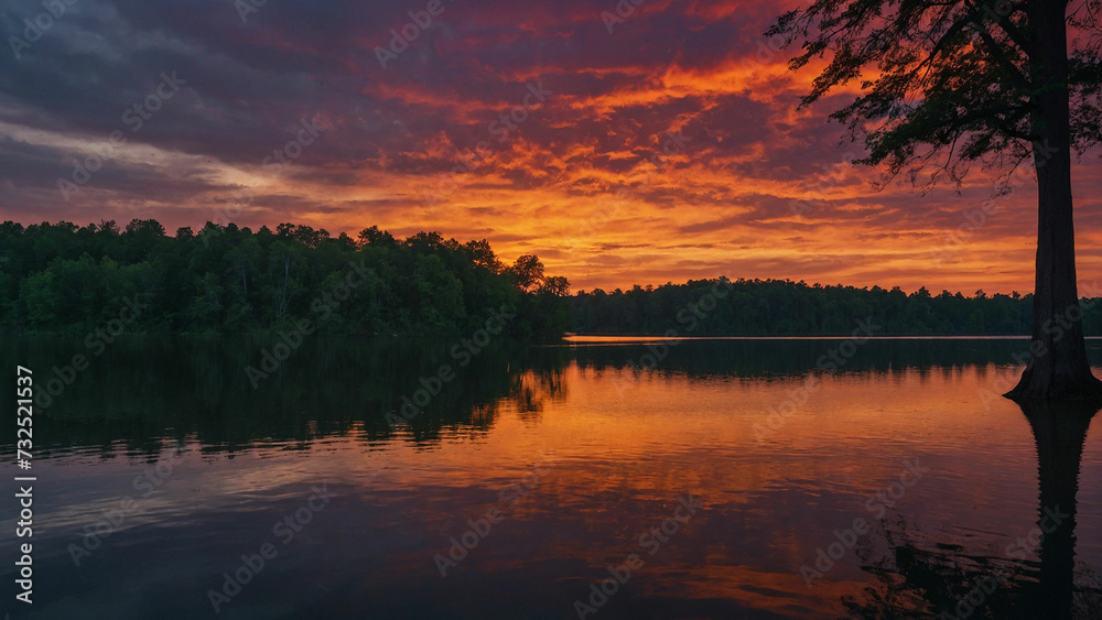 Fototapeta premium Frame the stark contrast between the dark silhouettes of the trees against the vibrant hues of the sunset sky and capturing the magical moment when day meets night at the edge of the serene lake