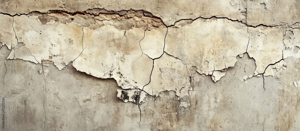 Obraz premium A detailed view of a cracked concrete wall shows signs of erosion caused by water, revealing the bedrock beneath the surface.