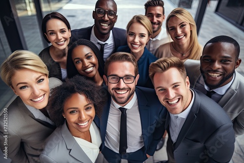 Corporate Cohesion  Captured from above  a row of smiling business professionals demonstrates unity and cohesion  reflecting their shared goals and collaborative spirit.