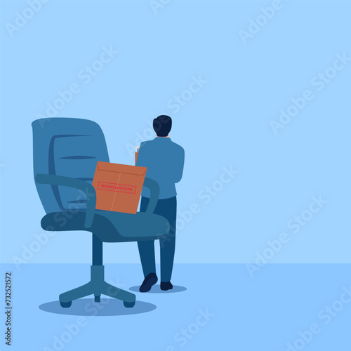 Man walking away from chair with cardboard and resignation envelope, metaphor for resignation. Simple flat conceptual illustration.
