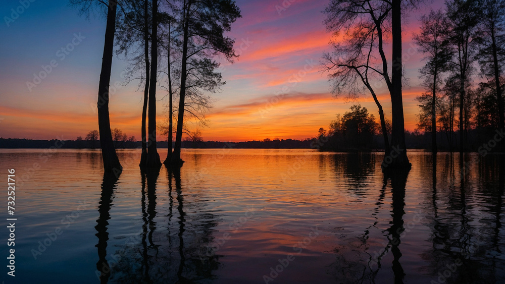 Fototapeta premium Frame the stark contrast between the dark silhouettes of the trees against the vibrant hues of the sunset sky and capturing the magical moment when day meets night at the edge of the serene lake
