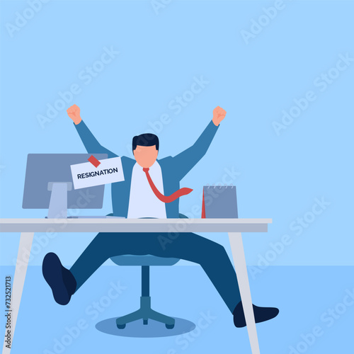 Excited man on chair with resignation envelope behind monitor, metaphor for resignation. Simple flat conceptual illustration.