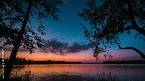 Frame the stark contrast between the dark silhouettes of the trees against the vibrant hues of the sunset sky and capturing the magical moment when day meets night at the edge of the serene lake © mdaktaruzzaman