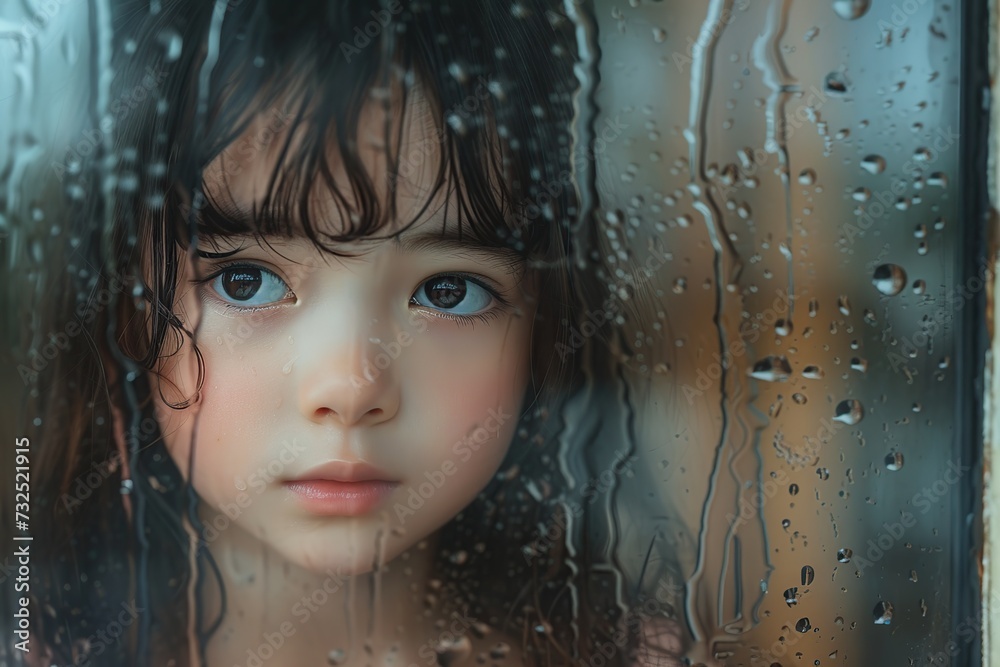 Sad Asian girl looking out the window on a rainy day