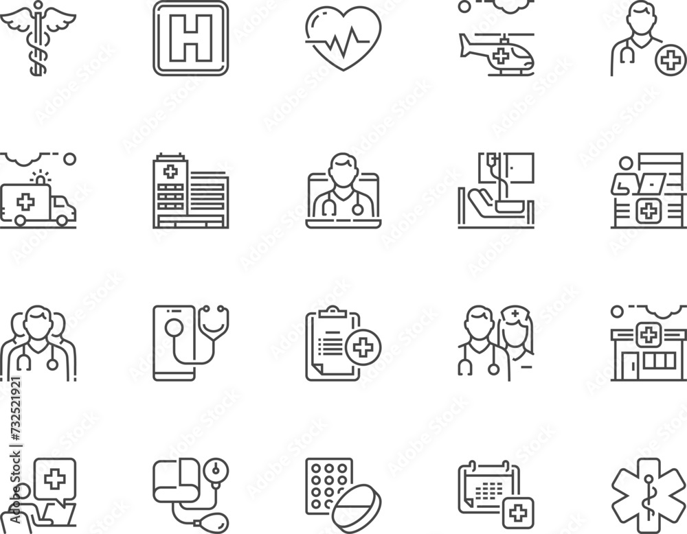 Healthcare. Medical workers and medical equipment. Pharmacy store, medical care. 64x64 vector line icons set. Editable stroke. Pixel perfect.