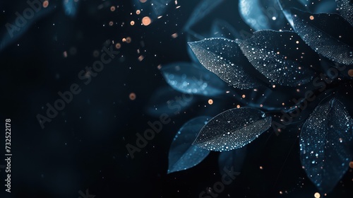 fantasy leaves background in dark blue green with sparkling effect 