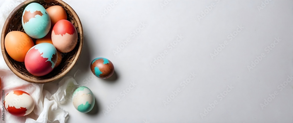 Multi colour easter eggs with copy space on white background