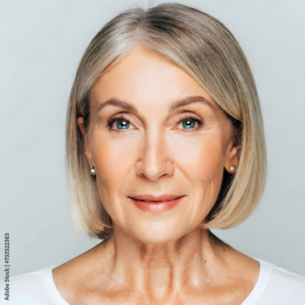 Beautiful gorgeous 50s mid aged mature woman looking at camera isolated on white. Mature old lady close up portrait. Healthy face skin care beauty, middle age skincare cosmetics