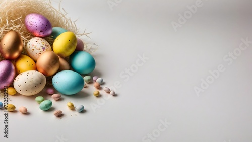 Multi colour easter eggs with copy space on white background