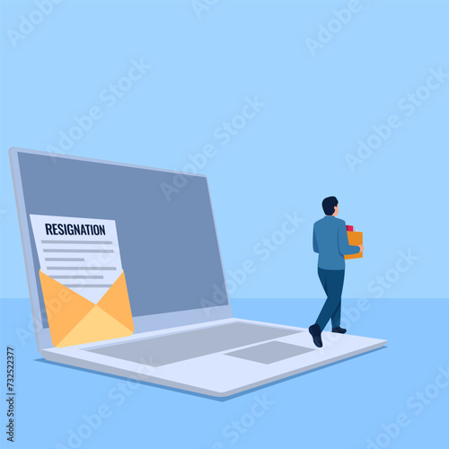 Man carrying cardboard away laptop and resignation envelope, metaphor for resignation. Simple flat conceptual illustration.