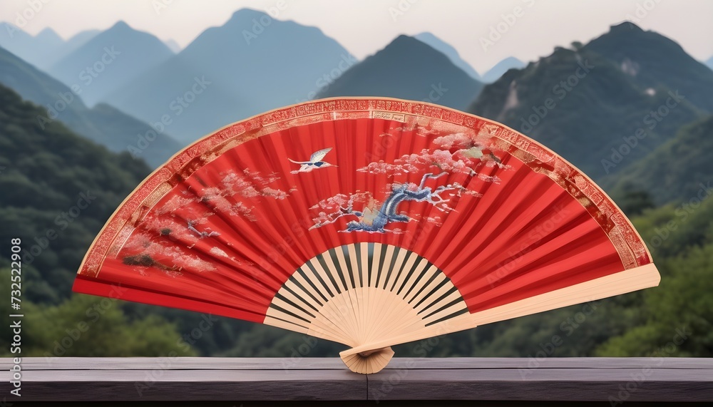Red chinese fan with mountains in the background 