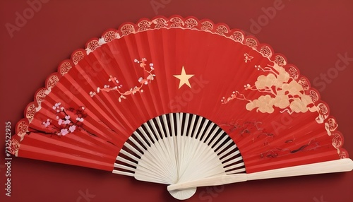 Red and gold Chinese fan on red background 