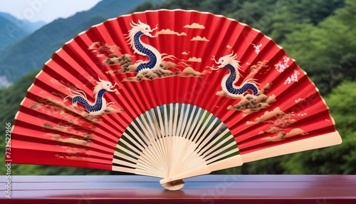 Red fan with dragons, chinese temple in the background 