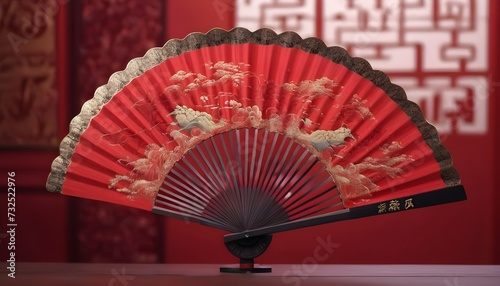 Red chinese fan in an ancient Chinese temple