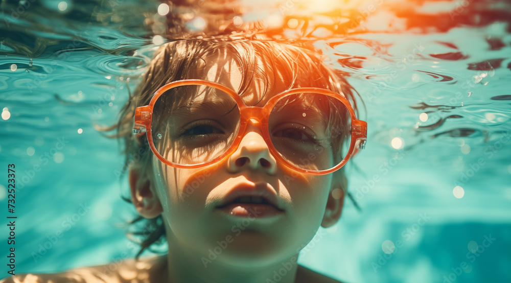 Un petit garçon avec des lunettes se baignant dans une piscine.