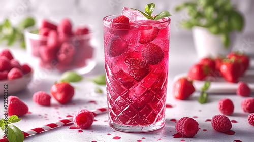 Glass of Raspberries Drink Next to Bowl of red berry fruits, summer refreshment photo