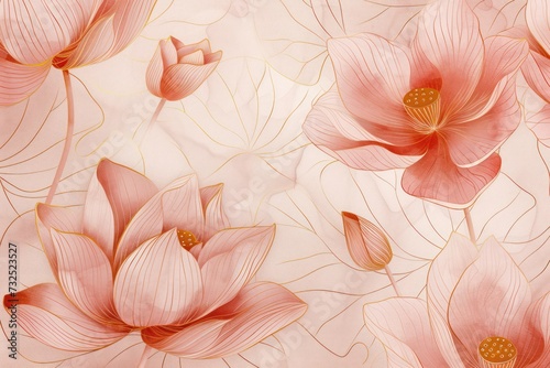 seamless Light Pink and Gold Line background with lotus pattern