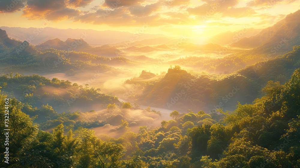 Early morning sun rays illuminate a mist-covered forest landscape with the backdrop of majestic mountains at sunrise.
