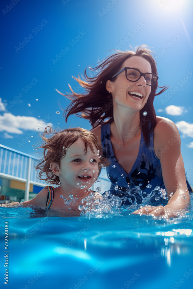 Une mère et sa fille jouant dans une piscine, l'été sous un beau ciel bleu