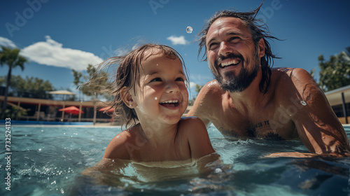 Un père et sa fille se baignant dans une piscine, l'été sous un beau ciel bleu