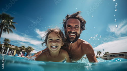 Un père et sa fille se baignant dans une piscine, l'été sous un beau ciel bleu © David Giraud