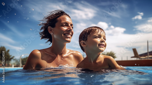 Une mère et son fils se baignant dans une piscine, l'été sous un beau ciel bleu