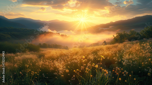 Early morning sun rays illuminate a mist-covered forest landscape with the backdrop of majestic mountains at sunrise. 