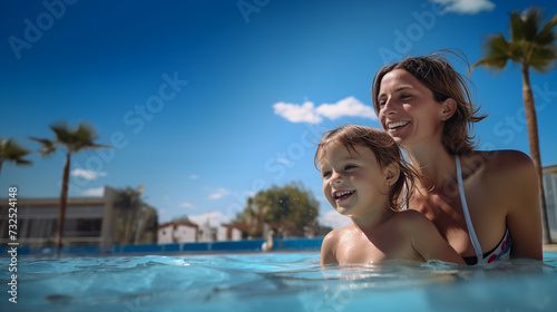 Une mère et sa fille se baignant dans une piscine, l'été sous un beau ciel bleu