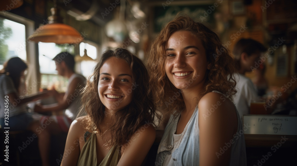 Happy young women friends having coffee break while relaxing at the cafe indoors