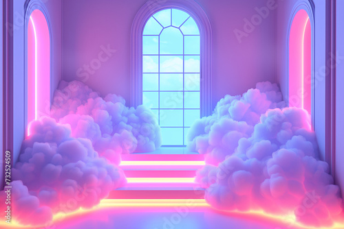 Pink neon atmospere room with a window steps and clouds, modern concep of stariway to heaven, blissfull enviroment and trending rooms. photo