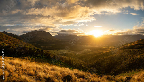 Scenic panorama mountain landscape at sunset