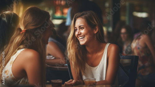 Happy young women friends having coffee break while relaxing at the cafe indoors