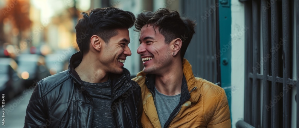 Obraz premium A candid moment captures two young men in casual wear smiling and enjoying each other's company on a city street, symbolizing friendship and happiness.