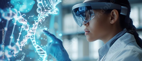 Focused woman wearing an AR headset interacting with a holographic DNA structure in a high-tech lab, indicating futuristic scientific research with biotechnology applications pro vision.