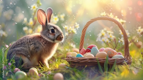 A sweet bunny is situated next to a basket full of colorful eggs called Easter in a funky meadow beneath the spring sun.
 photo