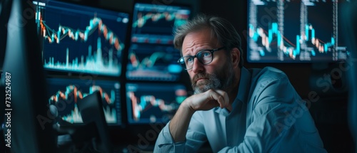 Focused man analyzing stock trades on computer monitors in a dark room with a blue tone, ideal for finance or stock market events.