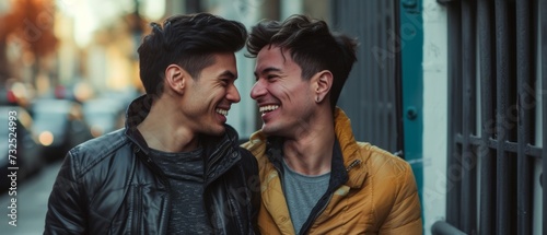 A candid moment captures two young men in casual wear smiling and enjoying each other's company on a city street, symbolizing friendship and happiness.