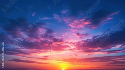 Scenic colorful sky at dawn with a bright, dramatic sunrise, followed by a natural sunset sky