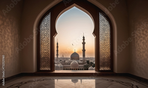 Ray lit empty room with ornamental walls, glossy floor and big traditional Arabic arch overlooking beautiful mosque as a place of worship for Muslims and crescent moon in the sky. Ramadan Kareem photo