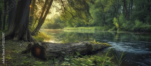 A river flows through the forest, enhancing the natural landscape with its flowing water, while surrounded by lush plant life, trees, and grass.
