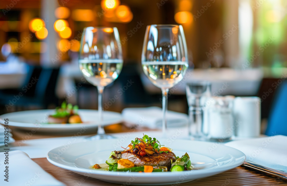 Fototapeta premium Dinner in expensive upscale restaurant with exquisite food and glasses of French wine